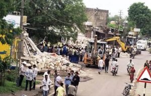 NHAI removes illegal encroachments along National Highway during anti-encroachment drive.
