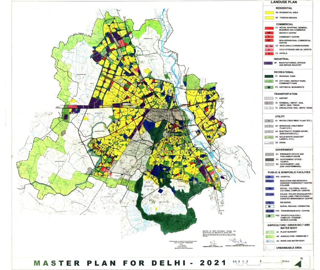 Master Plan for Delhi 2021 Land Use Map approved by the Delhi Development Authority showing residential, commercial, industrial and green areas.