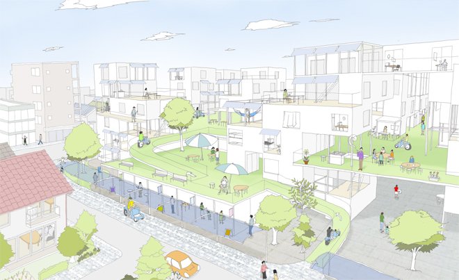 Riken Yamamoto’s Local Community Area concept showing shared spaces and clustered housing