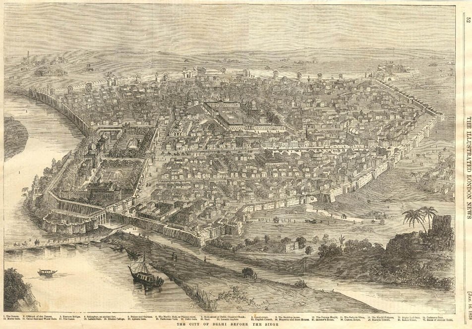 Historic illustration of Shahjahanabad, the walled city of Delhi established by Mughal Emperor Shah Jahan in 1648.