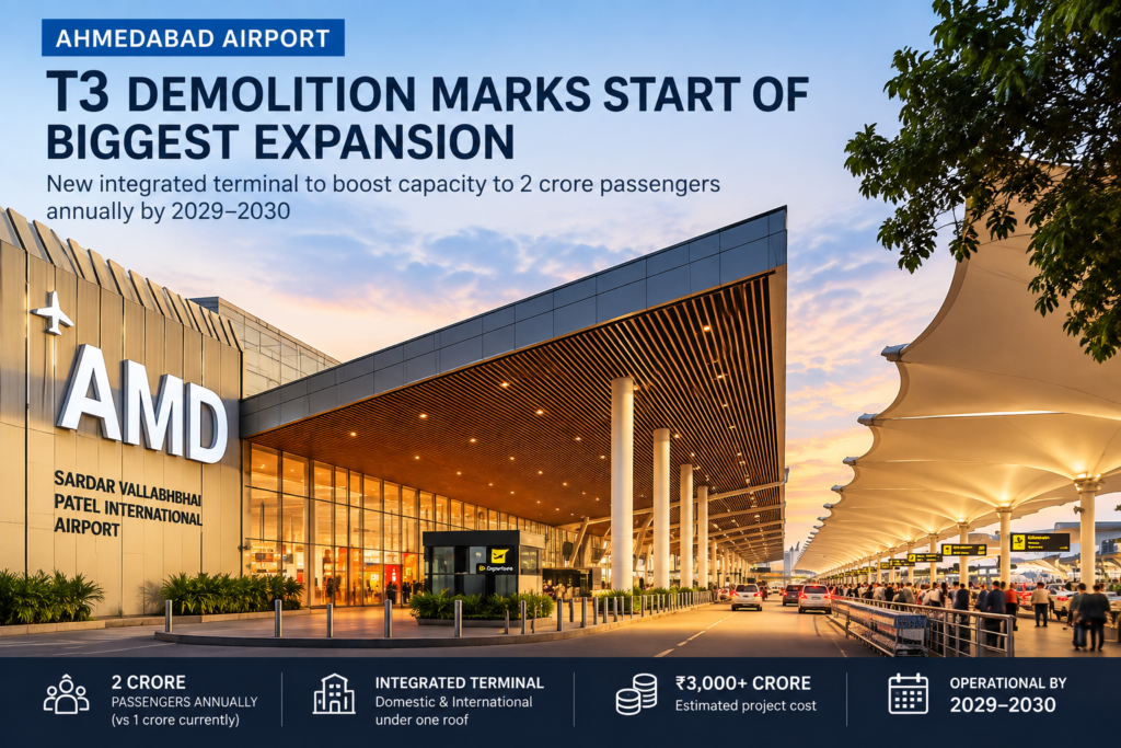 Ahmedabad airport terminal expansion and T3 demolition for new integrated terminal