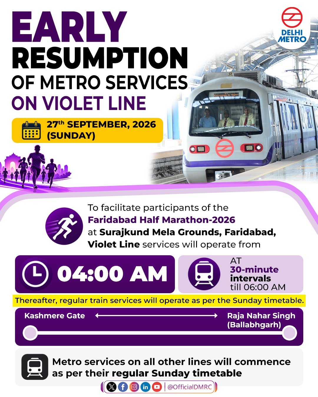Delhi Metro Announces Early Violet Line Services for Faridabad Half Marathon on September 27