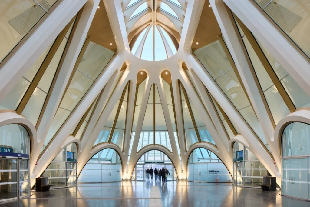 Interior architectural view of Gare de Mons with arched structural frames