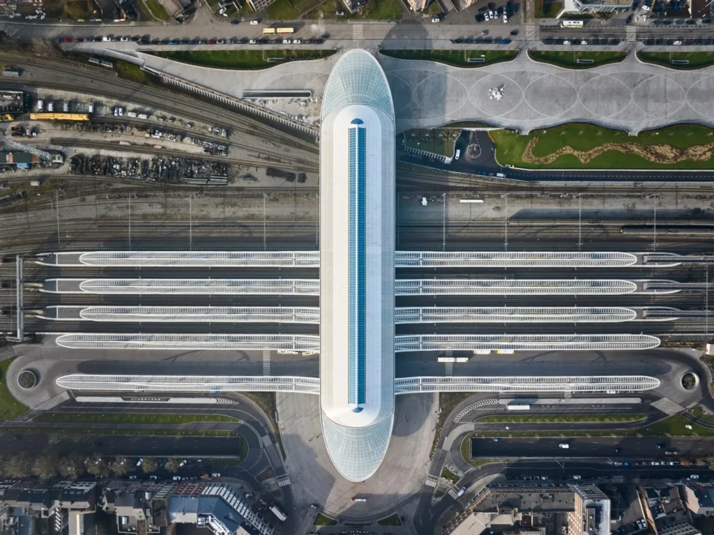 Aerial view of Gare de Mons and railway tracks in Mons, Belgium