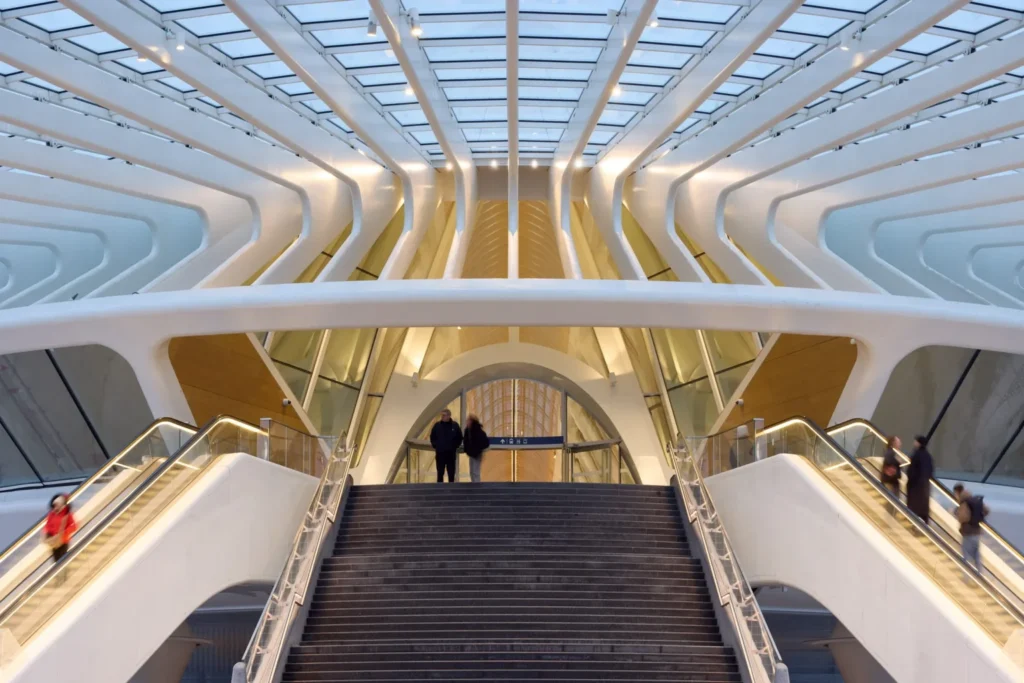 Staircase and structural roof inside Gare de Mons railway station
