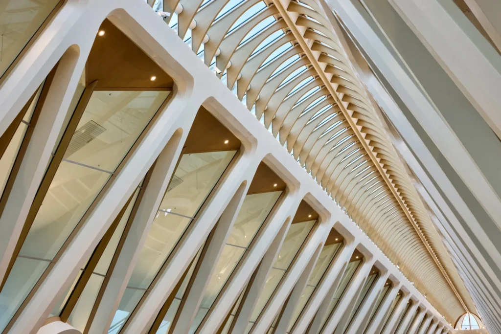 Structural ribs and glazed roof inside Gare de Mons
