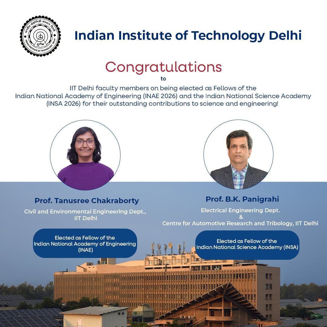 Congratulations to IIT Delhi Faculty Members on Being Elected Fellows of INAE and INSA 2026
