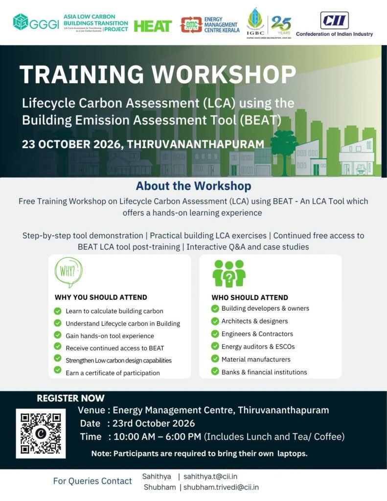 Lifecycle Carbon Assessment (LCA) and BEAT training workshop in Thiruvananthapuram on October 23 2026