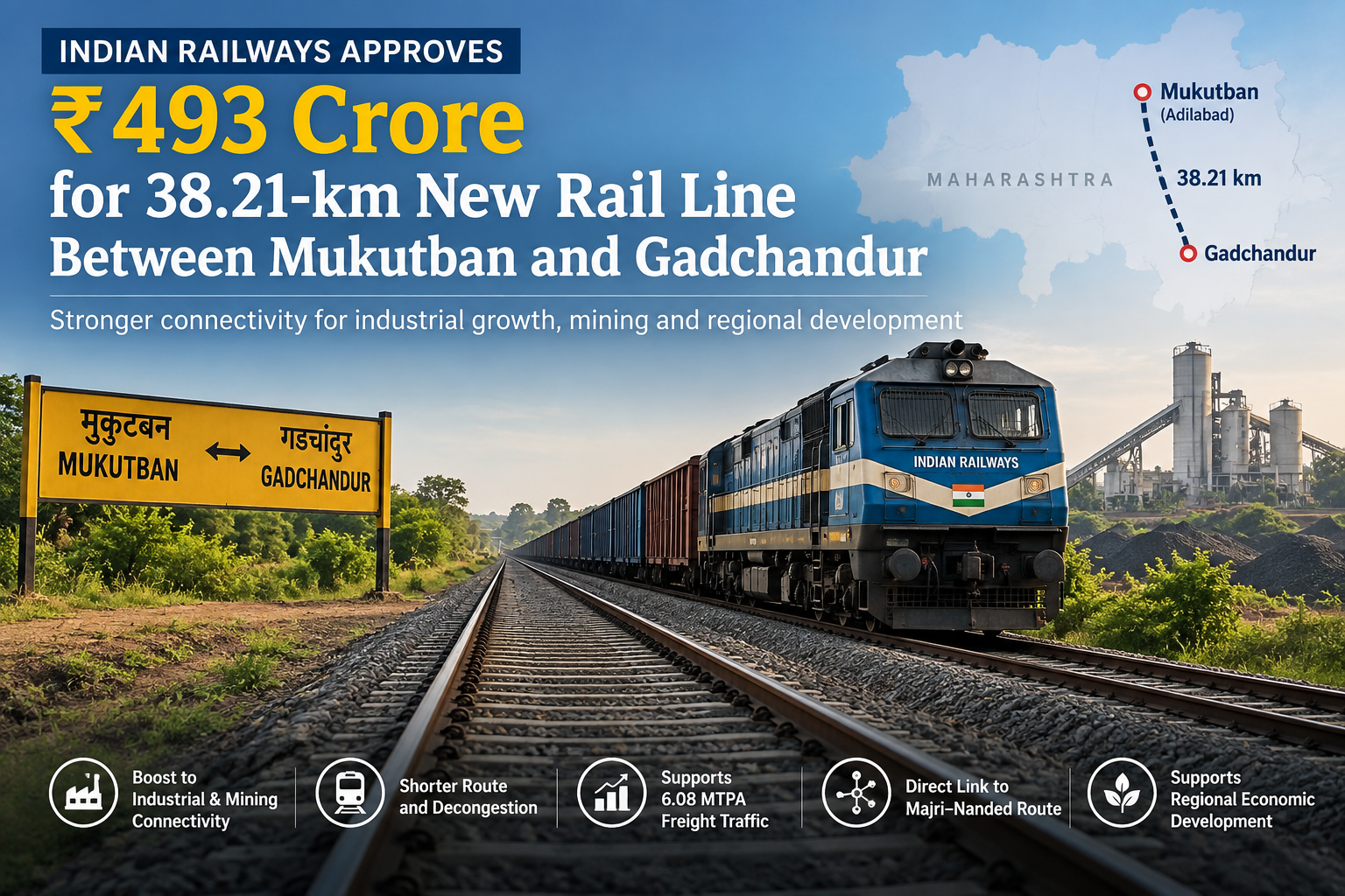 Indian Railways Approves ₹493 Crore for 38.21-km New Rail Line Between Mukutban and Gadchandur