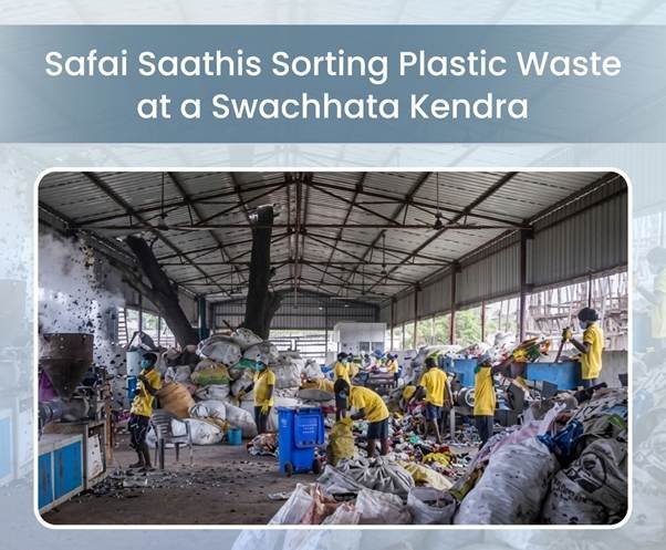 Safai Saathis sorting plastic waste at a Swachhata Kendra in Bengaluru