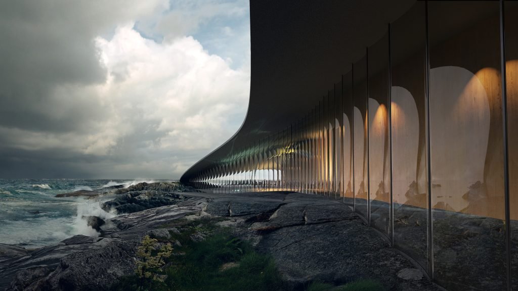 The Whale architecture meeting the rocky coastline of Andenes Norway