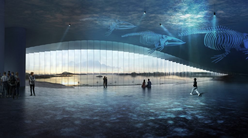 Immersive ocean exhibition inside The Whale by Dorte Mandrup in Norway