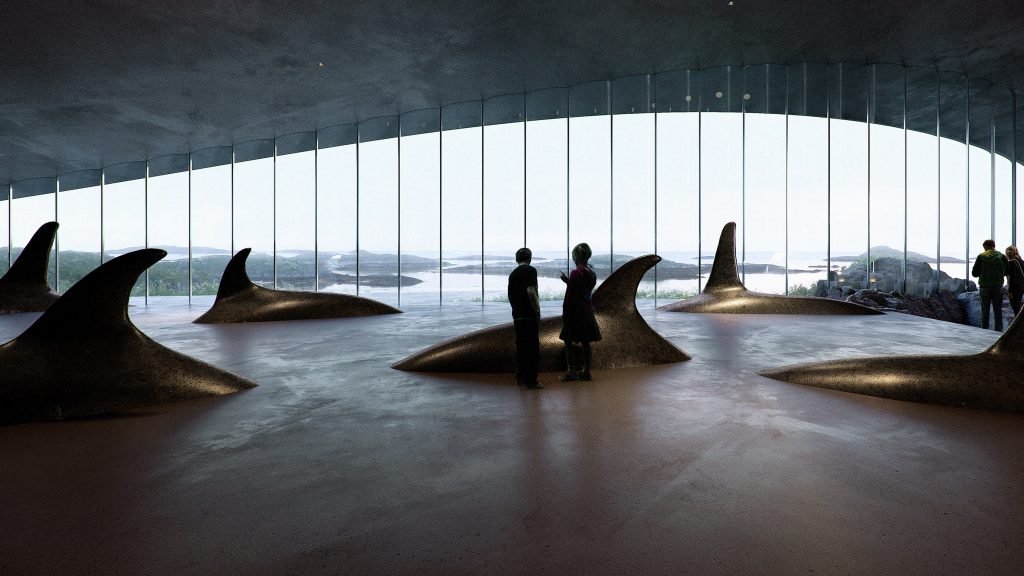 Interior exhibition space inside The Whale museum overlooking the Norwegian Sea