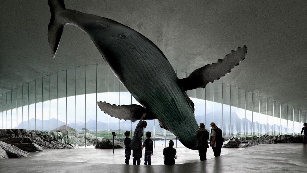 Whale installation inside The Whale museum in Andenes with views of the Norwegian landscape