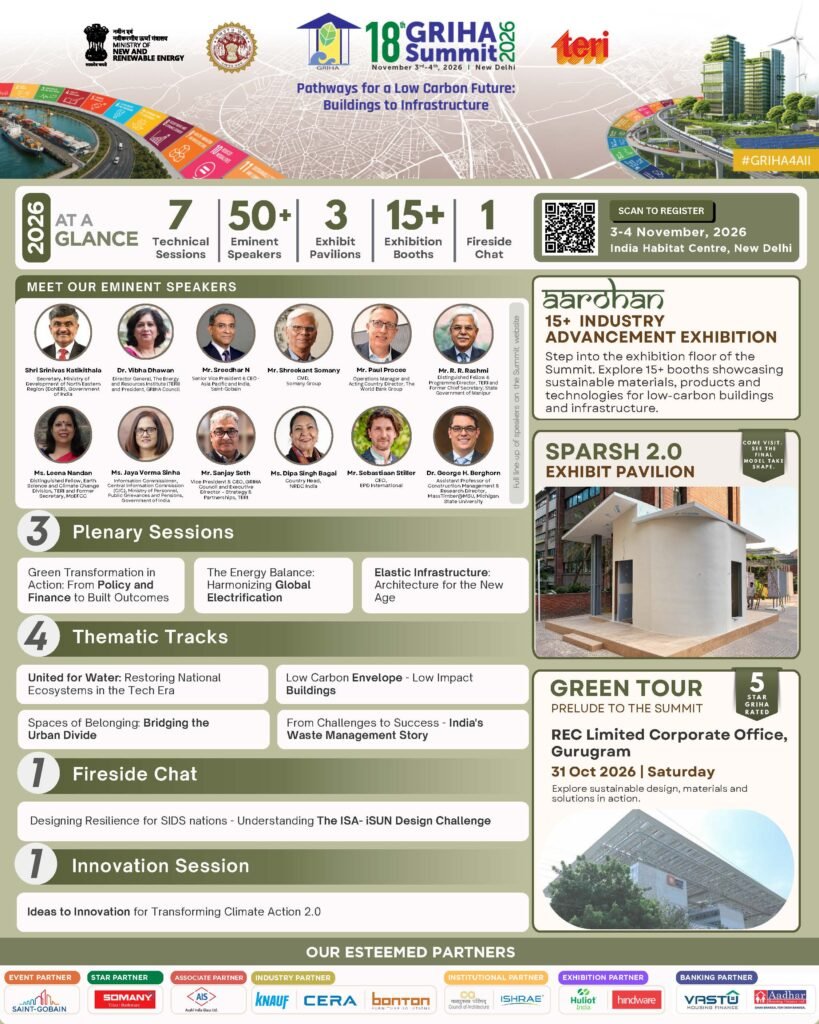 18th GRIHA Summit 2026 featuring green buildings, sustainable infrastructure, eminent speakers and low-carbon development.