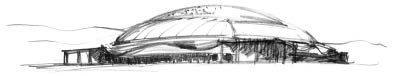 Architectural concept sketch of Palau Sant Jordi by Arata Isozaki