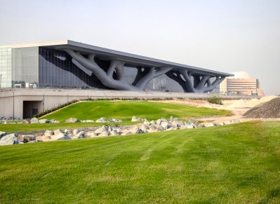 Qatar National Convention Centre with branching structural columns designed by Arata Isozaki