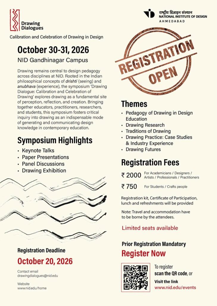 Drawing Dialogues 2026 symposium poster at NID Ahmedabad, October 30–31, 2026