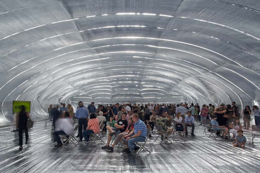 Visitors inside Guatero temporary pavilion in Santiago Chile