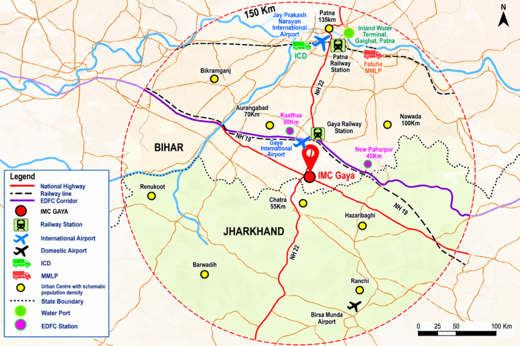 Strategic location and connectivity map of IMC Gaya in Bihar, showing national highways, railway lines, airports, the Eastern Dedicated Freight Corridor and nearby urban centres.