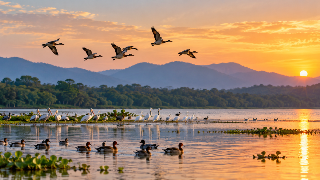 103 Wetland ecosystem with migratory birds, waterfowl and a tree-lined lake at sunset.