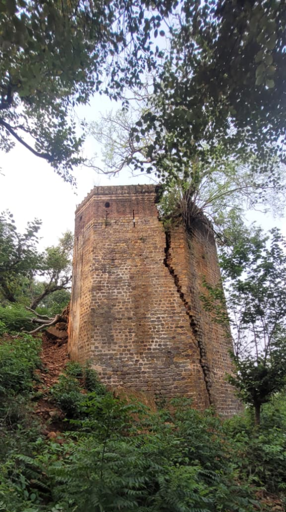 Tall masonry tower at Jasrota Fort with a prominent vertical crack and vegetation growing around it.