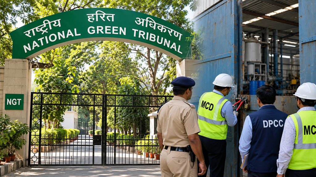 National Green Tribunal and officials conducting an inspection of a locked industrial unit in East Delhi’s Gamri.