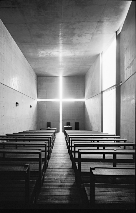 Interior of Tadao Ando’s Church of the Light showing the cross-shaped opening that admits natural light
