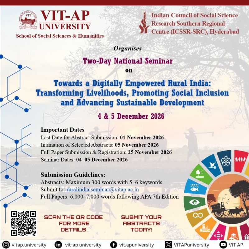 VIT-AP University and ICSSR-SRC national seminar on digital empowerment, rural livelihoods and sustainable development, December 4–5, 2026.